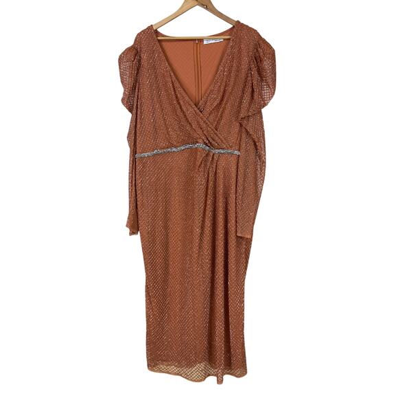 Mac Duggal NWT Copper Beaded Wrap Over Puff Sleeve Dress Rhinestone Waist Sz 16 - Picture 3 of 10